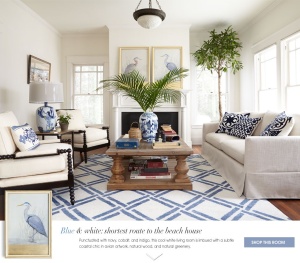 This image and the one above are from the Horchow Collection named Coast Modern. The ad features my favorite colors blue and white, but as you see vivid green tropical plants add a bunch of color. It is okay to mix woods. This room has a warm light wood coffee table and the chairs have a dark wood frame. It works because of the contrast. Notice the contrast of primitive pattern indigo and white  throw pillows in formal setting. 