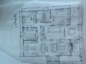 Example 2 - My redesign. I added a small vestibule with storage, created an open living, dining and kitchen wing, a study/bedroom with built in cabinets. I  love builts in small spaces because it keeps the space visually organized. I expanded the deck to incorporate more living space.